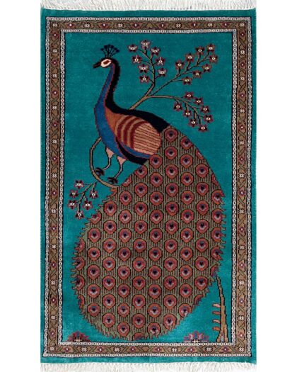 Hand Knotted Wool Area Rug, Teal, 2.5x4 Ft, Peacock Design, with Floral Border