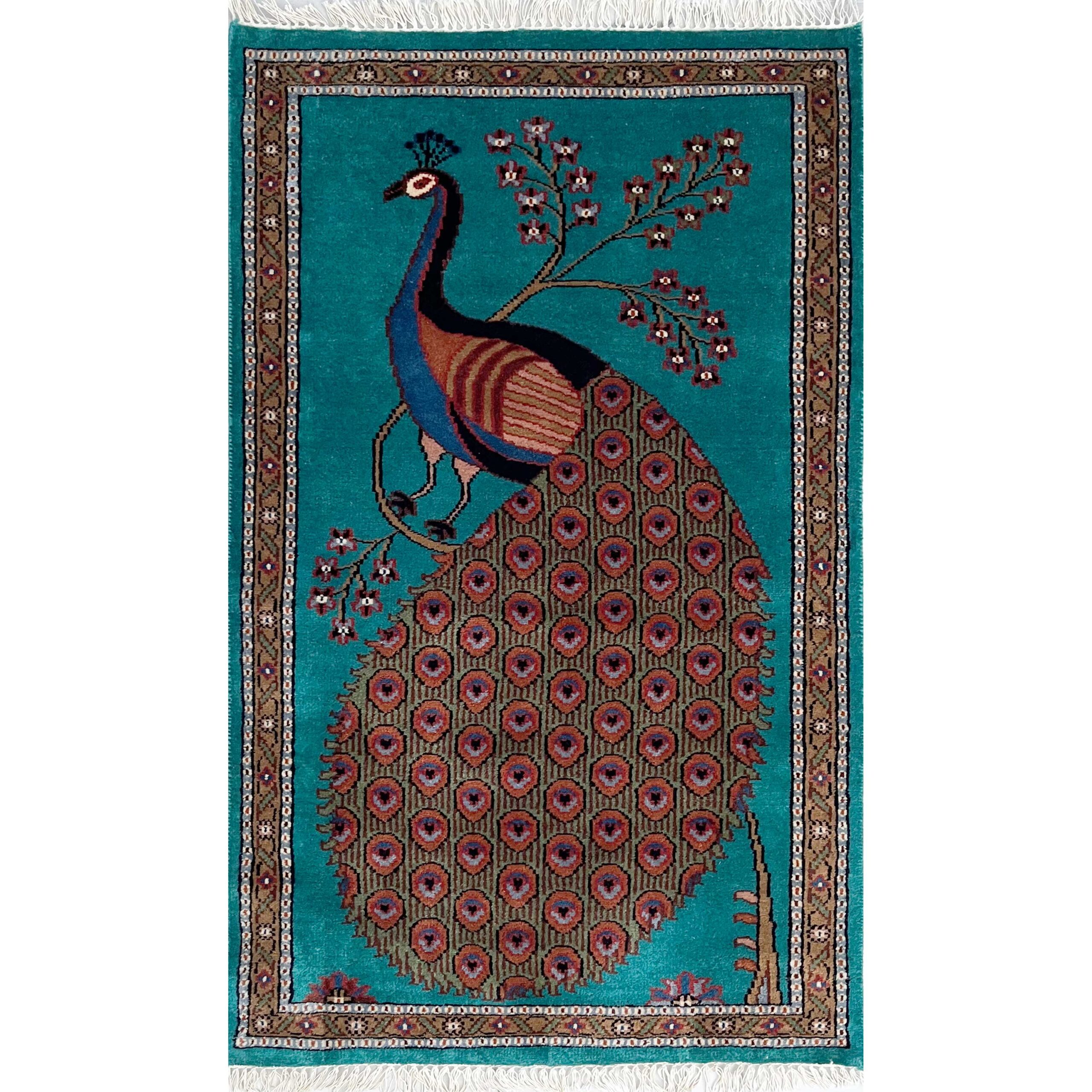 Hand Knotted Wool Area Rug, Teal, 2.5x4 Ft, Peacock Design, with Floral Border