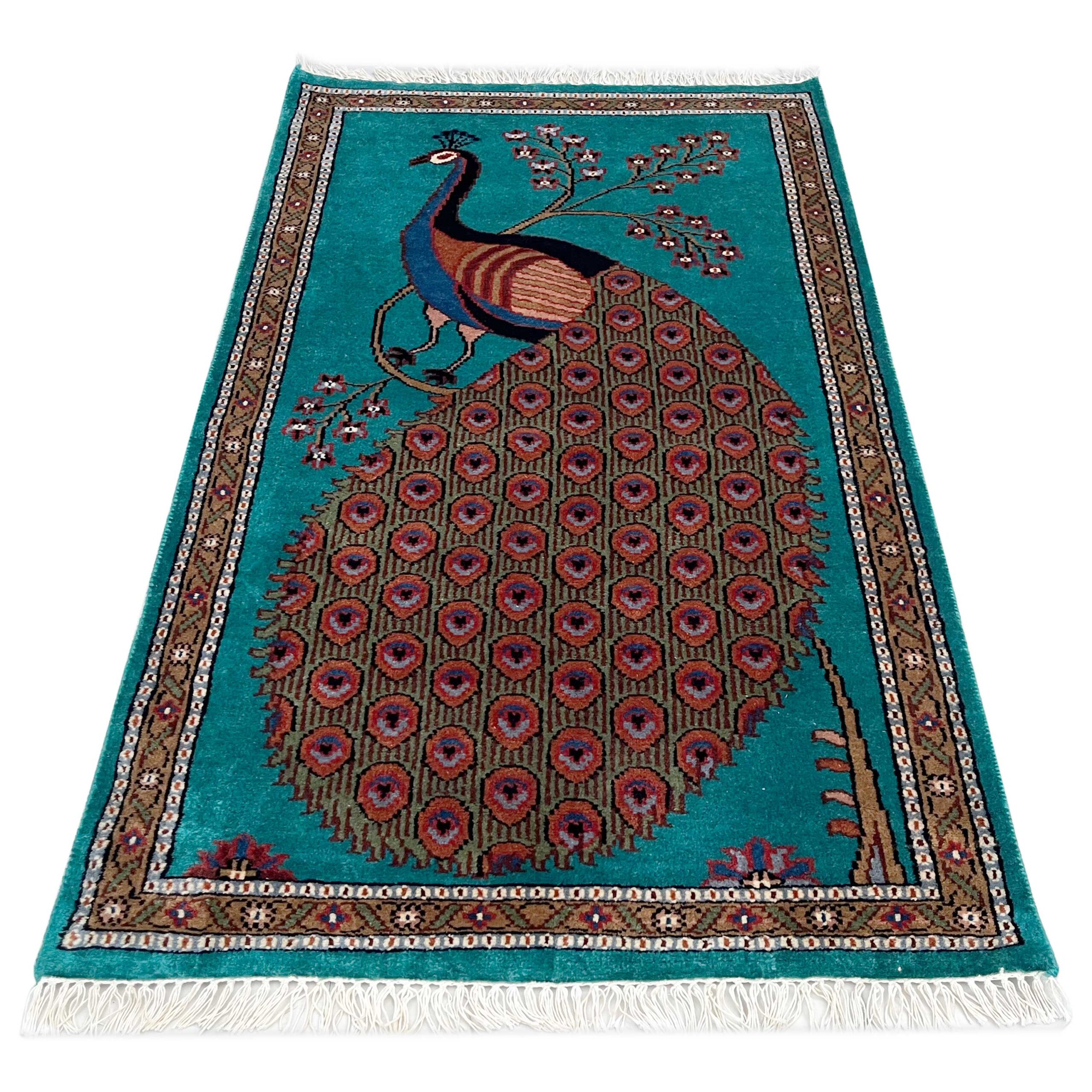 Hand Knotted Wool Area Rug, Teal, 2.5x4 Ft, Peacock Design, with Floral Border - Image 6