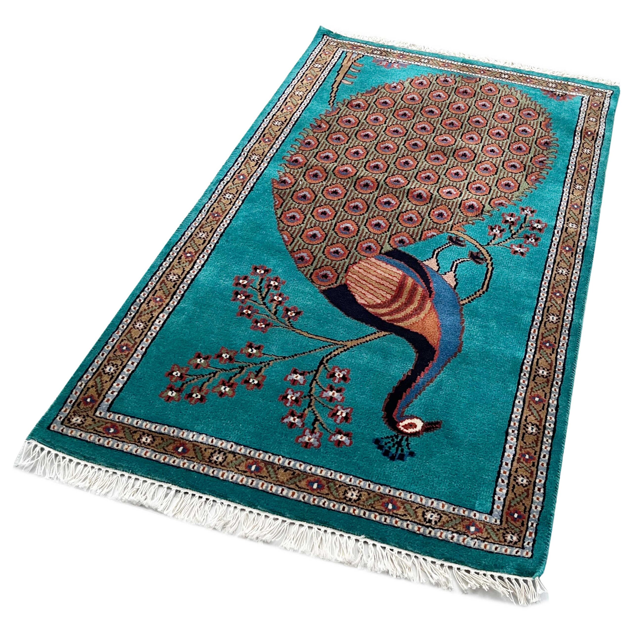 Hand Knotted Wool Area Rug, Teal, 2.5x4 Ft, Peacock Design, with Floral Border - Image 5