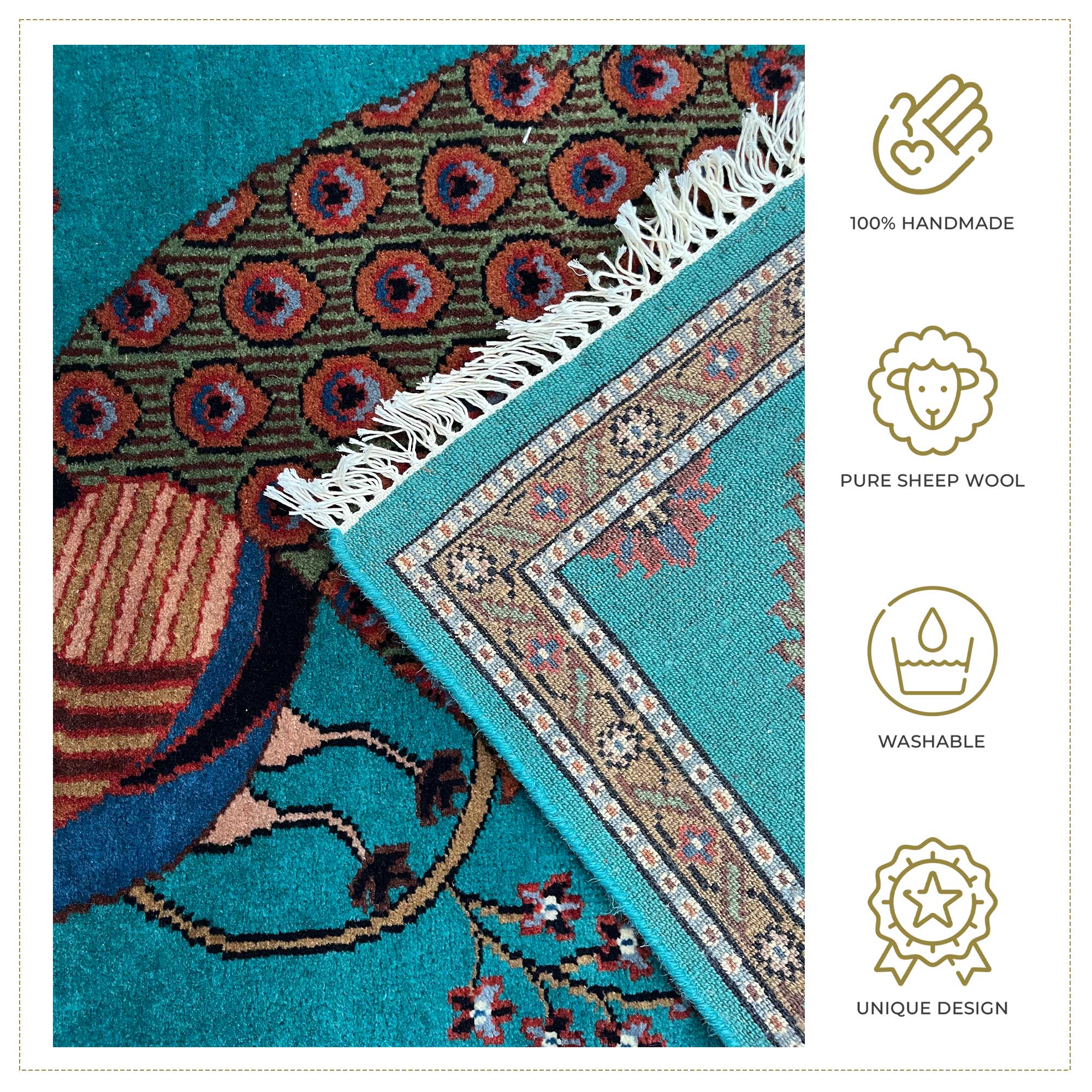 Hand Knotted Wool Area Rug, Teal, 2.5x4 Ft, Peacock Design, with Floral Border - Image 4