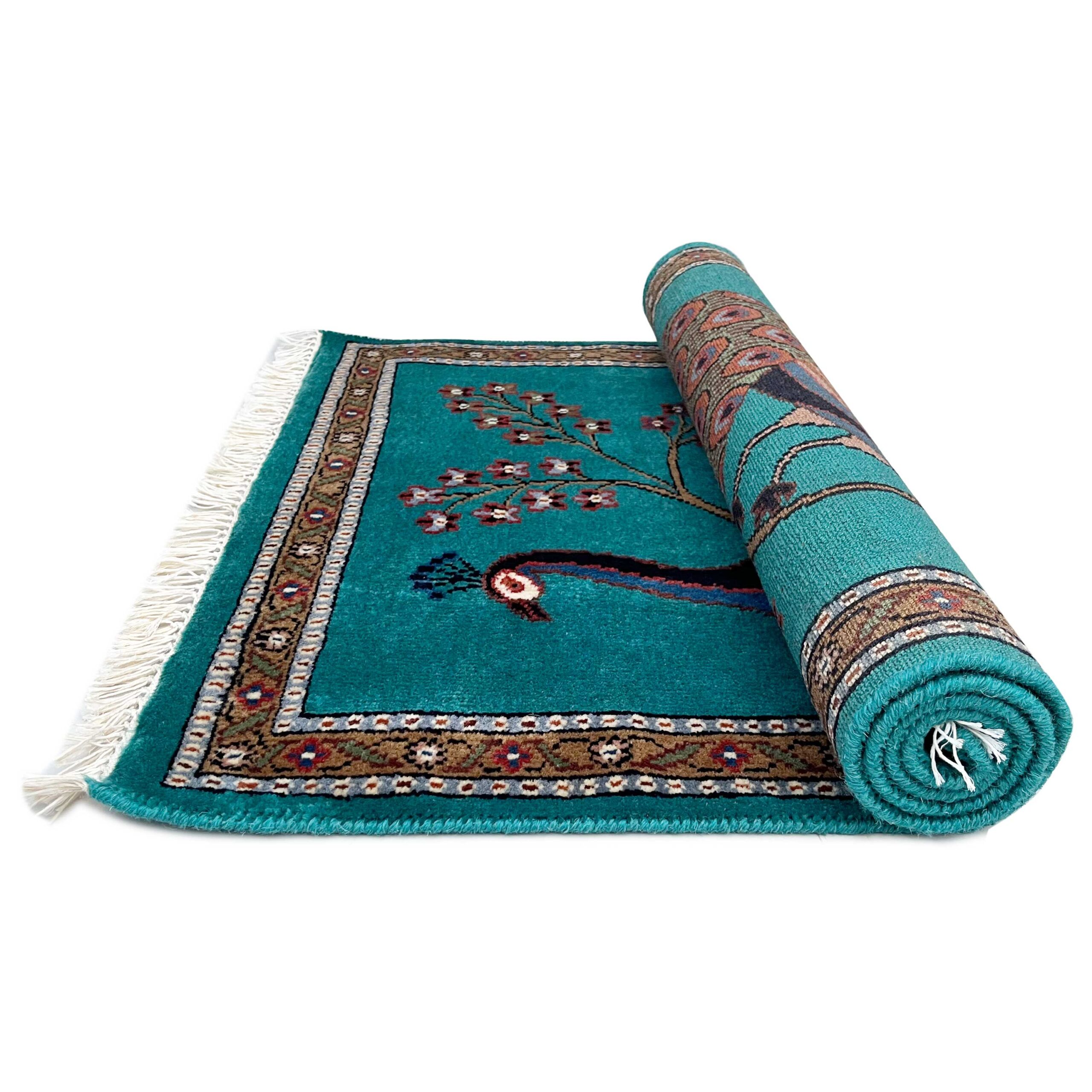 Hand Knotted Wool Area Rug, Teal, 2.5x4 Ft, Peacock Design, with Floral Border - Image 3
