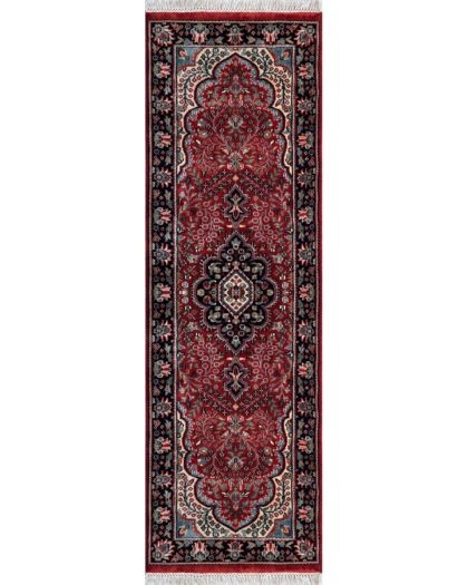Hand-Knotted Wool Runner Rug, Red, Floral, 2x6 ft, Handmade with Fringe