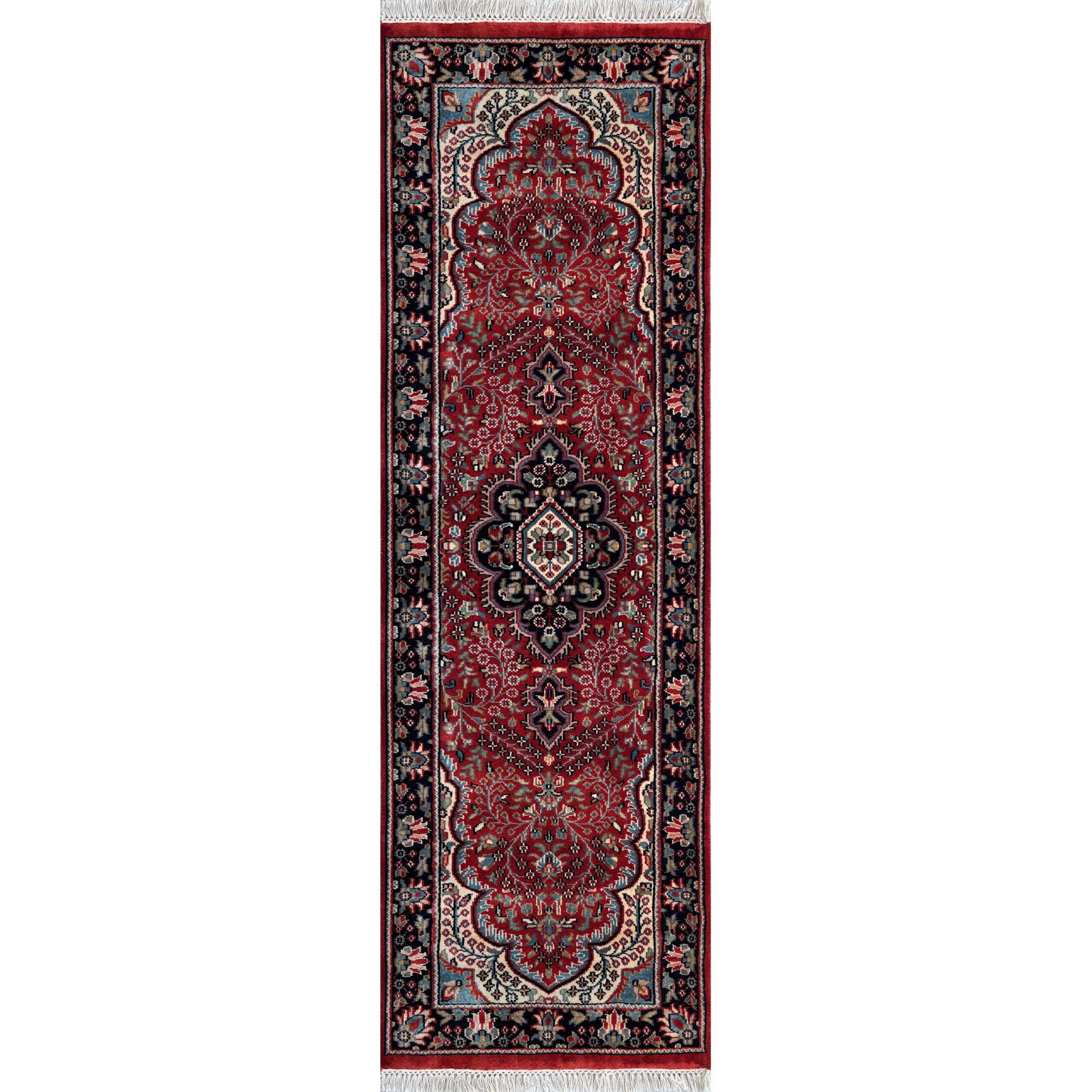 Hand-Knotted Wool Runner Rug, Red, Floral, 2x6 ft, Handmade with Fringe