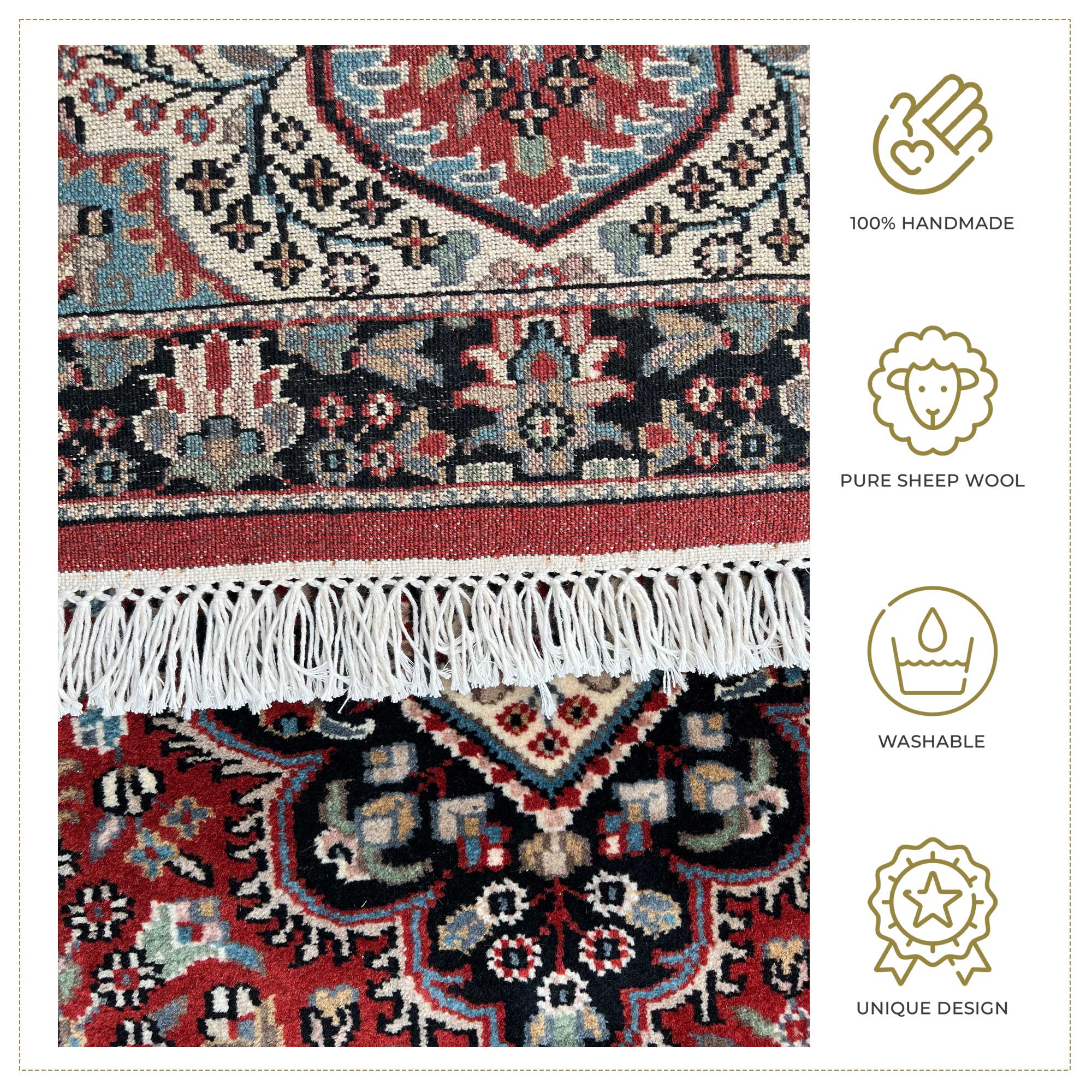 Hand-Knotted Wool Runner Rug, Red, Floral, 2x6 ft, Handmade with Fringe - Image 3