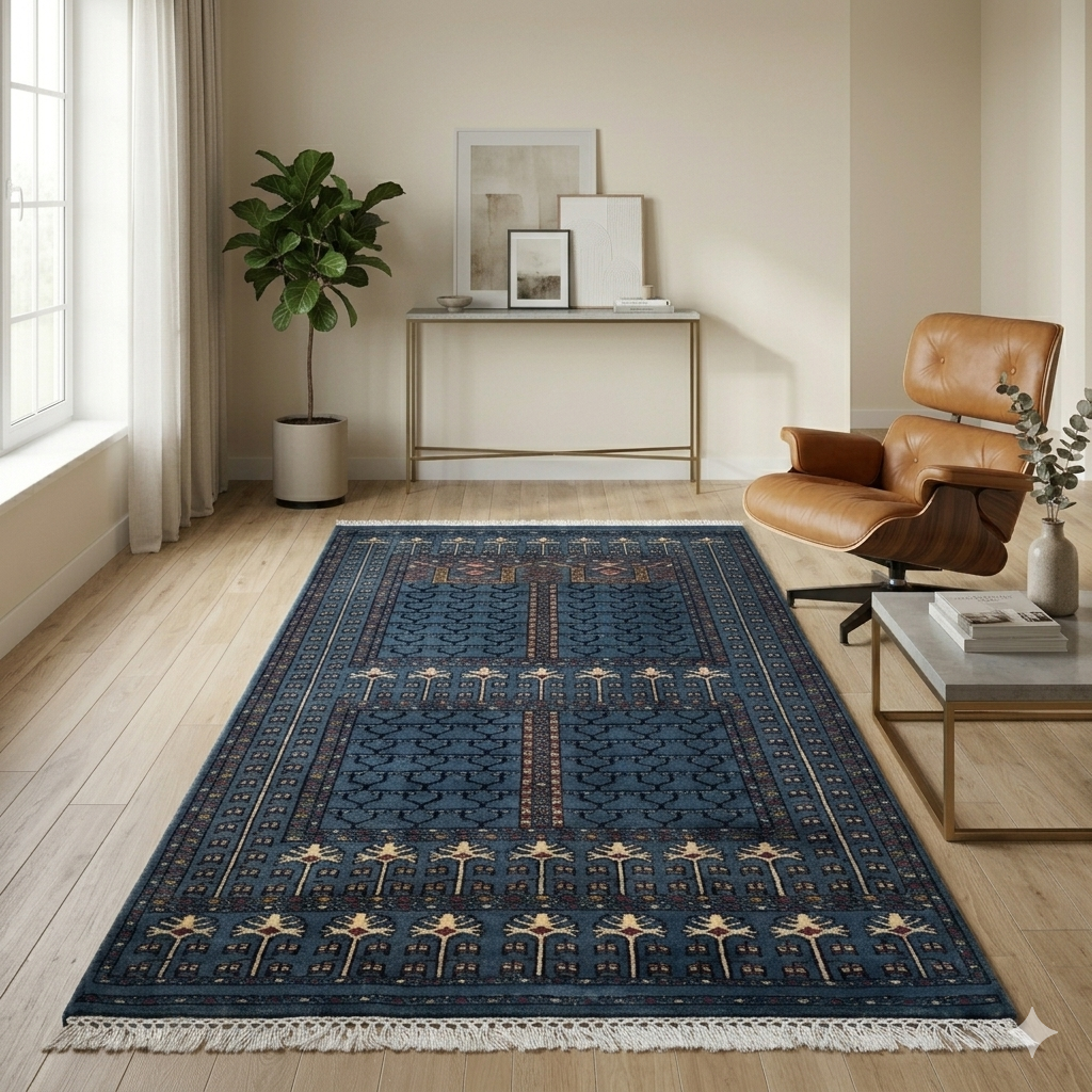 Hand Knotted Wool Area Rug, Bluish Gray, Parda Style, 3x5 ft, Traditional Geometric Pattern with Fringe - Image 2
