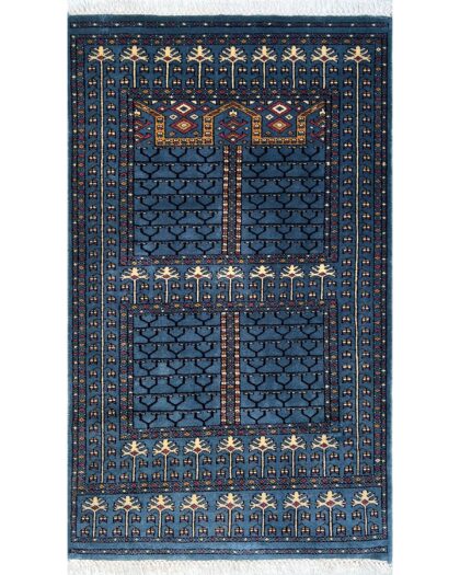 Hand Knotted Wool Area Rug, Bluish Gray, Parda Style, 3x5 ft, Traditional Geometric Pattern with Fringe