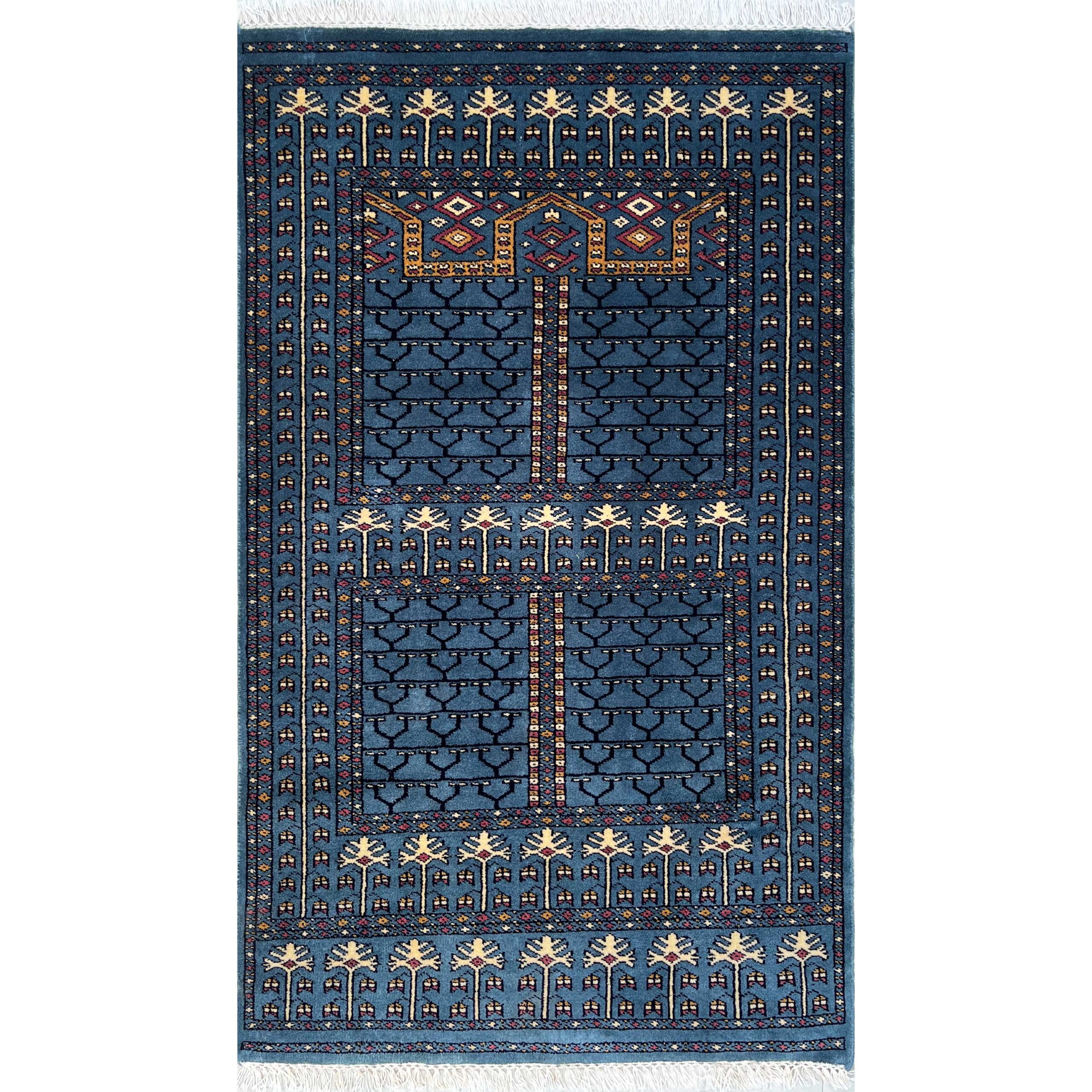 Hand Knotted Wool Area Rug, Bluish Gray, Parda Style, 3x5 ft, Traditional Geometric Pattern with Fringe