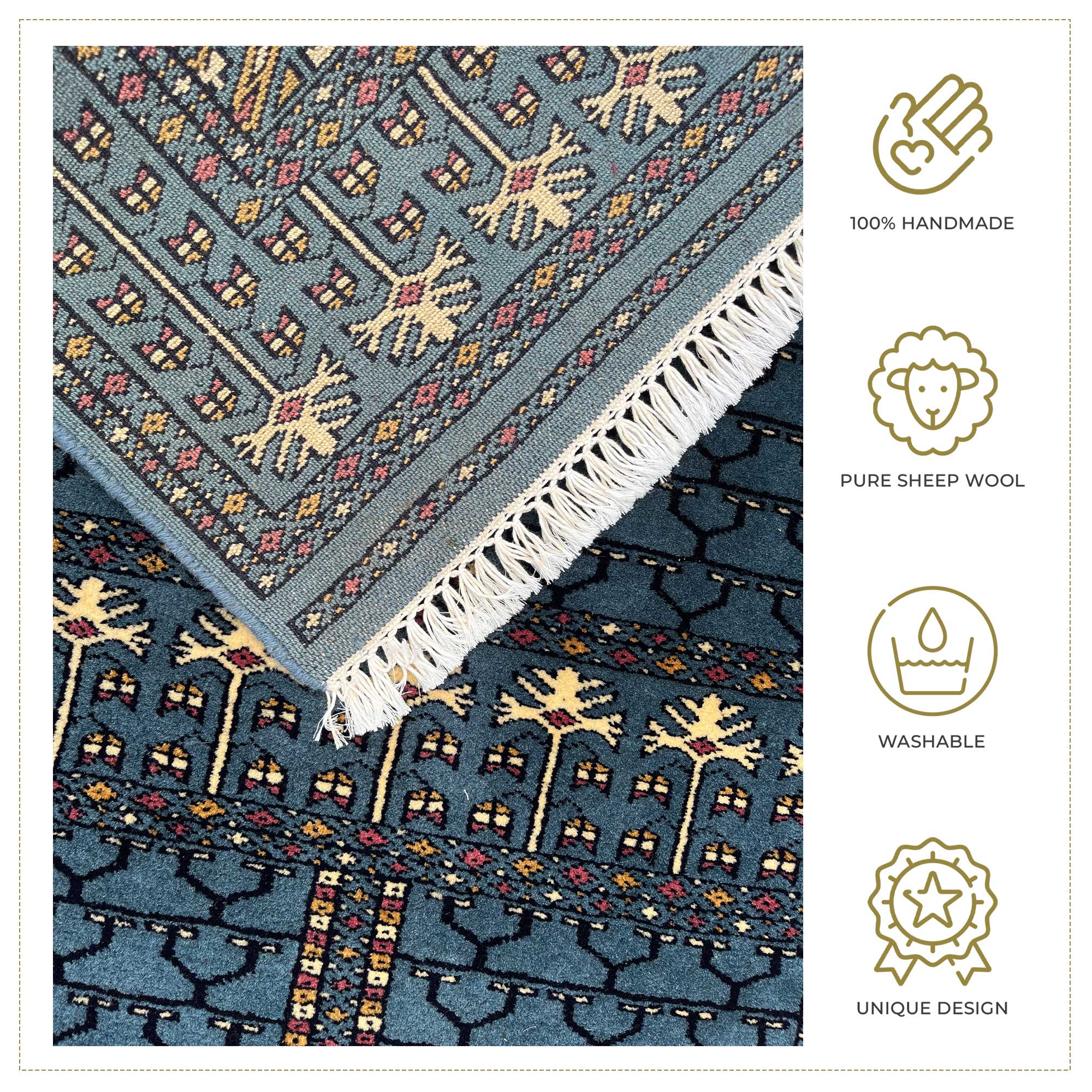Hand Knotted Wool Area Rug, Bluish Gray, Parda Style, 3x5 ft, Traditional Geometric Pattern with Fringe - Image 4