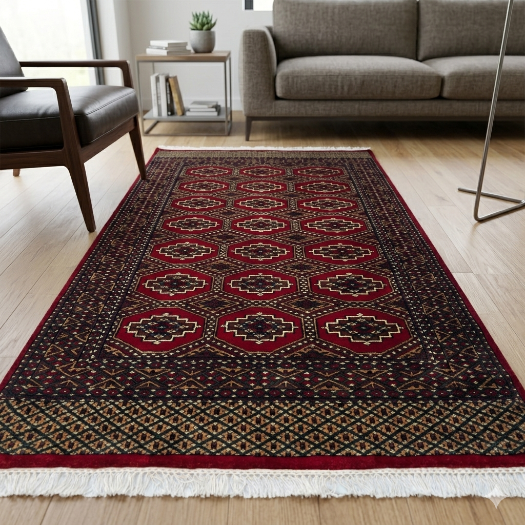 Hand Knotted Wool Area Rug, Red, Bokhara Gul Pattern, 4x6 ft, with Fringe - Image 2
