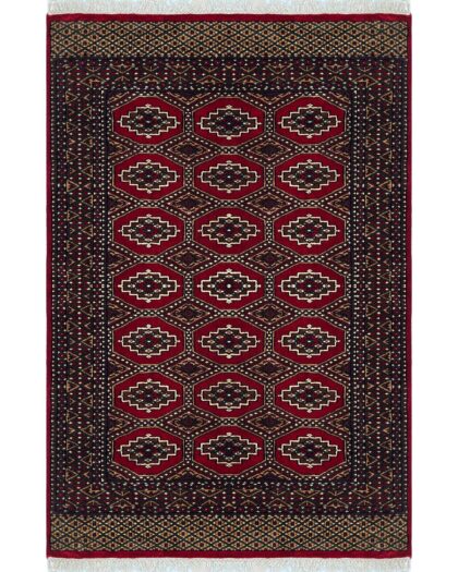 Hand Knotted Wool Area Rug, Red, Bokhara Gul Pattern, 4x6 ft, with Fringe