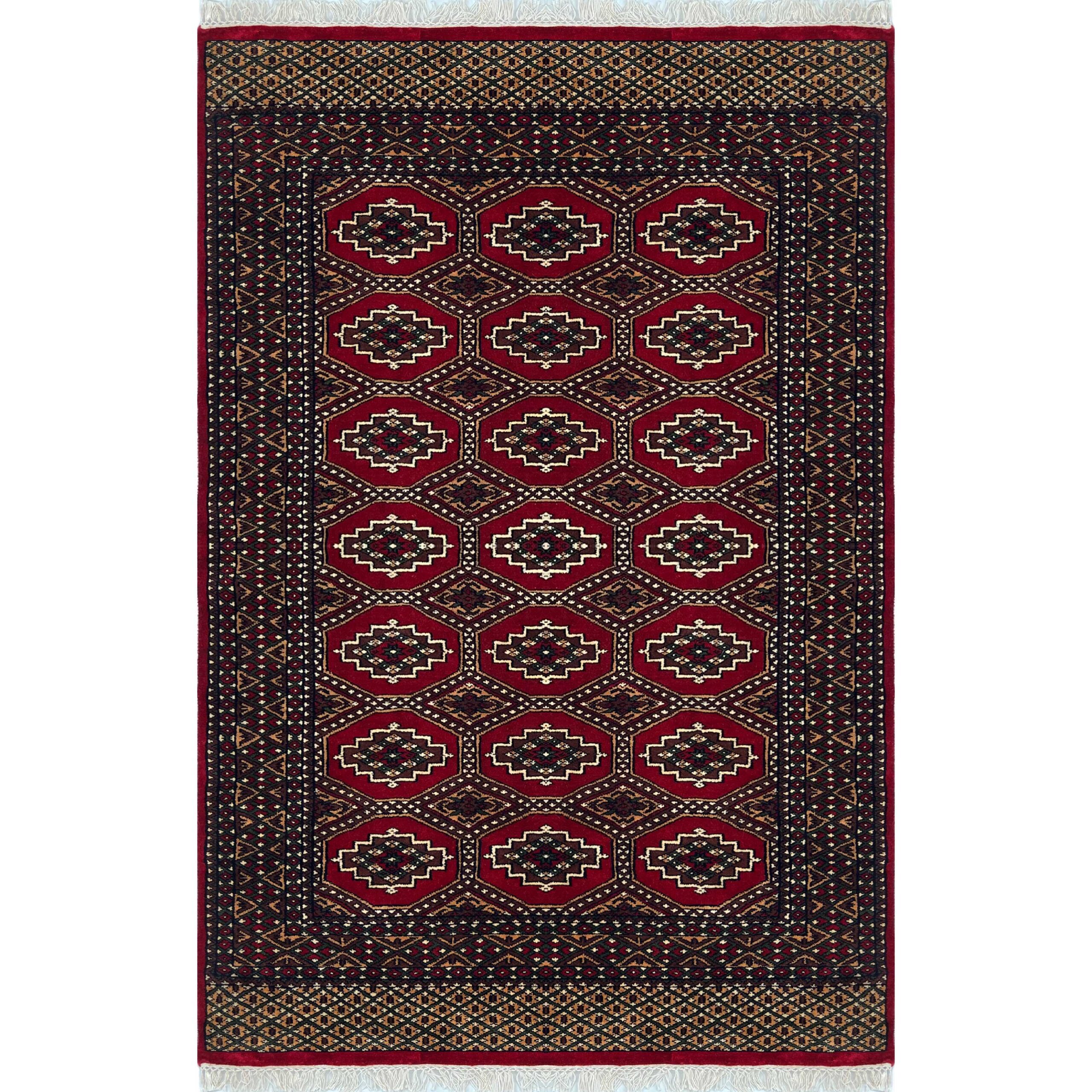 Hand Knotted Wool Area Rug, Red, Bokhara Gul Pattern, 4x6 ft, with Fringe