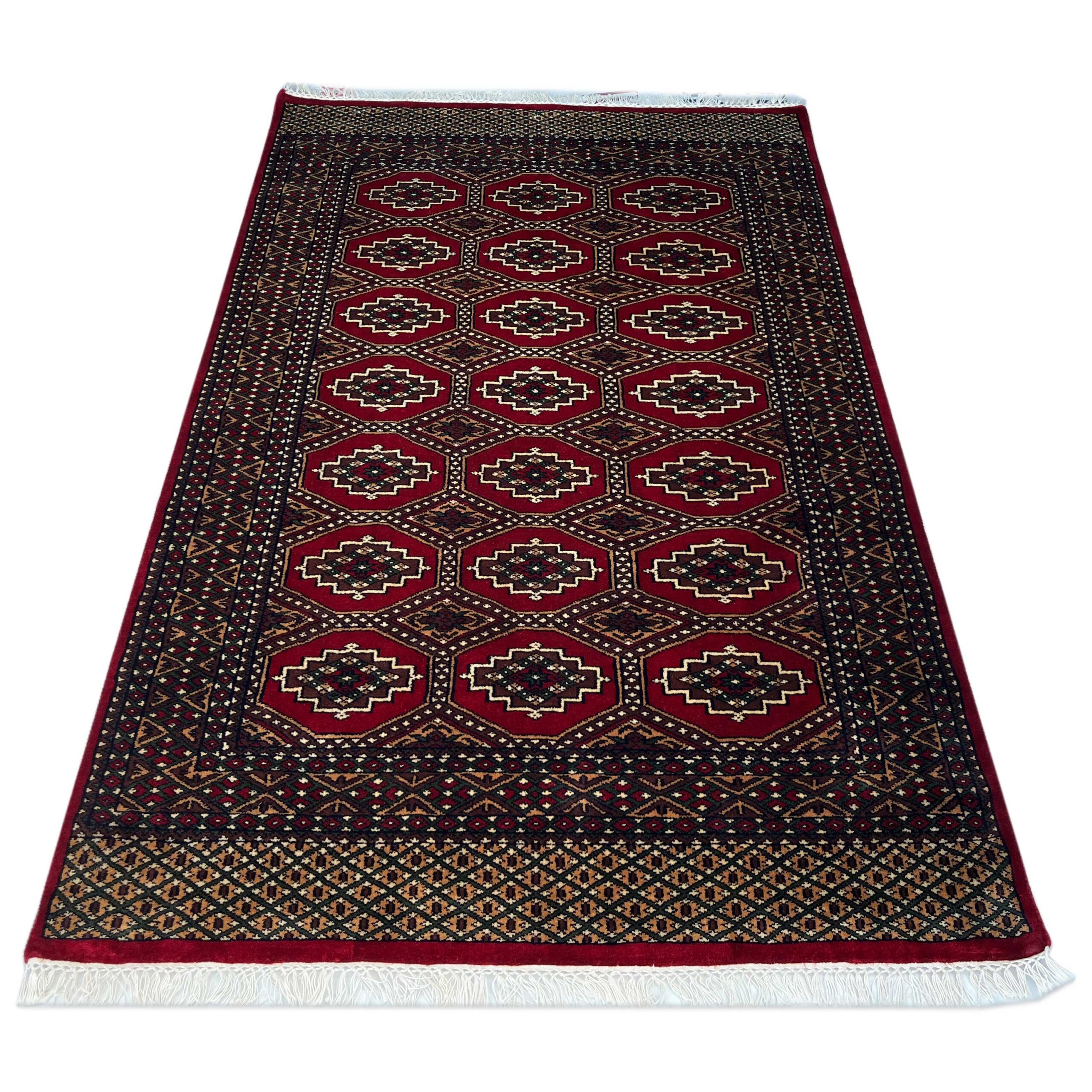 Hand Knotted Wool Area Rug, Red, Bokhara Gul Pattern, 4x6 ft, with Fringe - Image 7