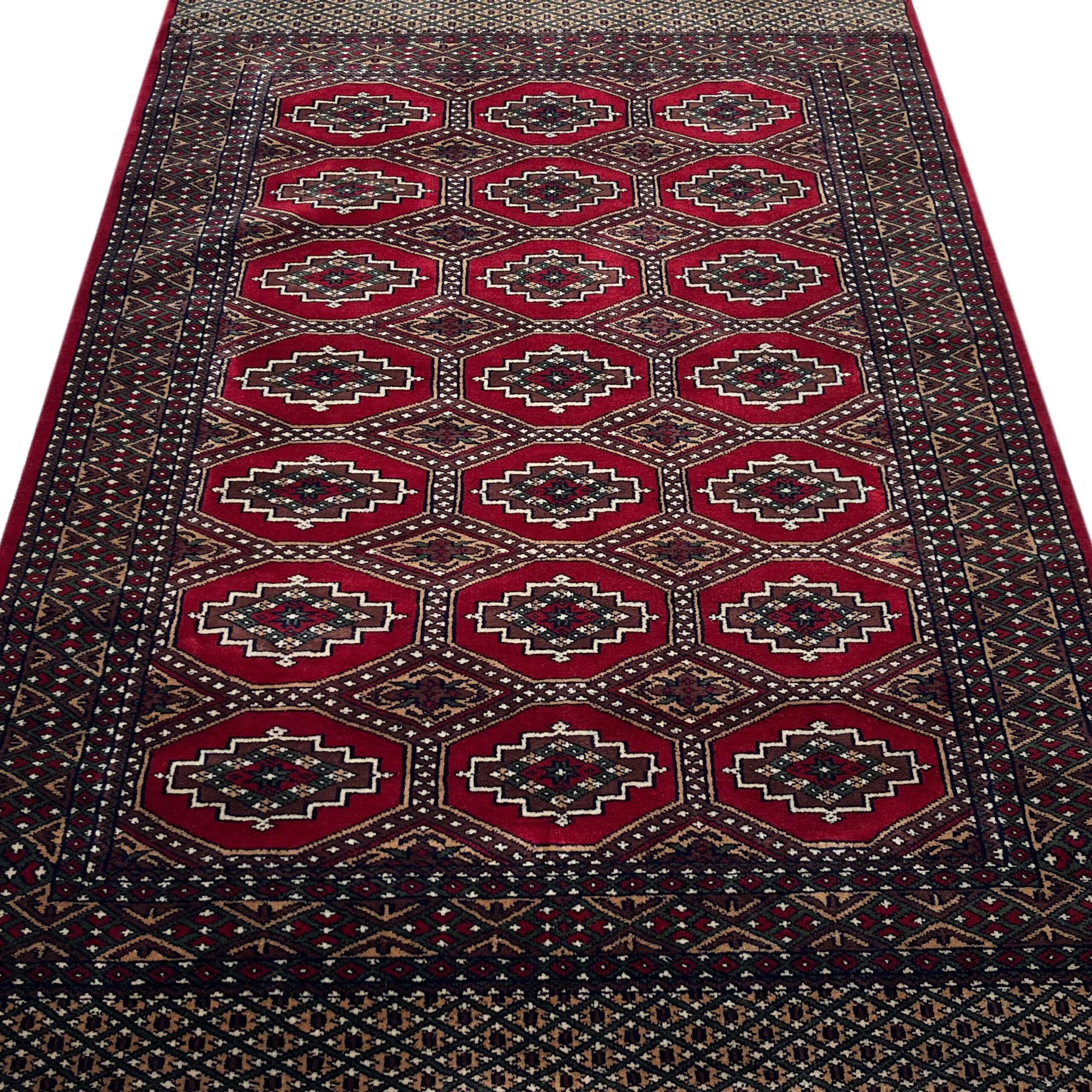 Hand Knotted Wool Area Rug, Red, Bokhara Gul Pattern, 4x6 ft, with Fringe - Image 6