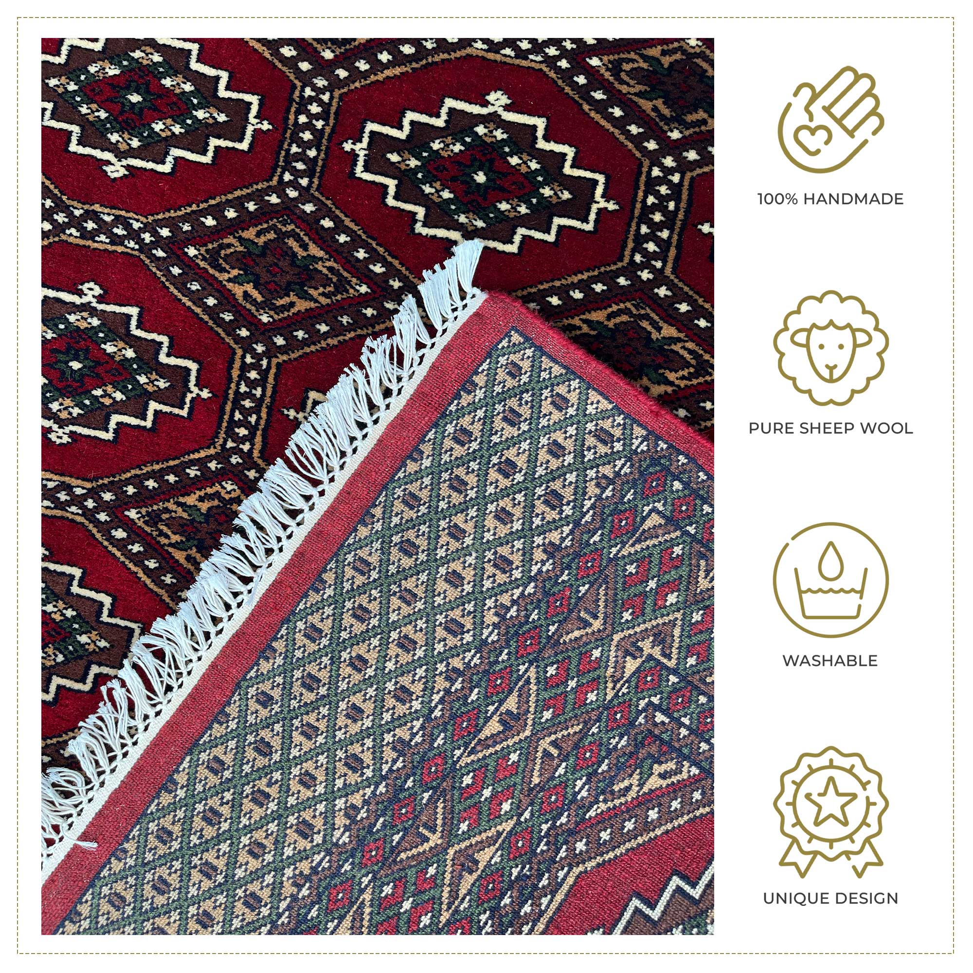 Hand Knotted Wool Area Rug, Red, Bokhara Gul Pattern, 4x6 ft, with Fringe - Image 5