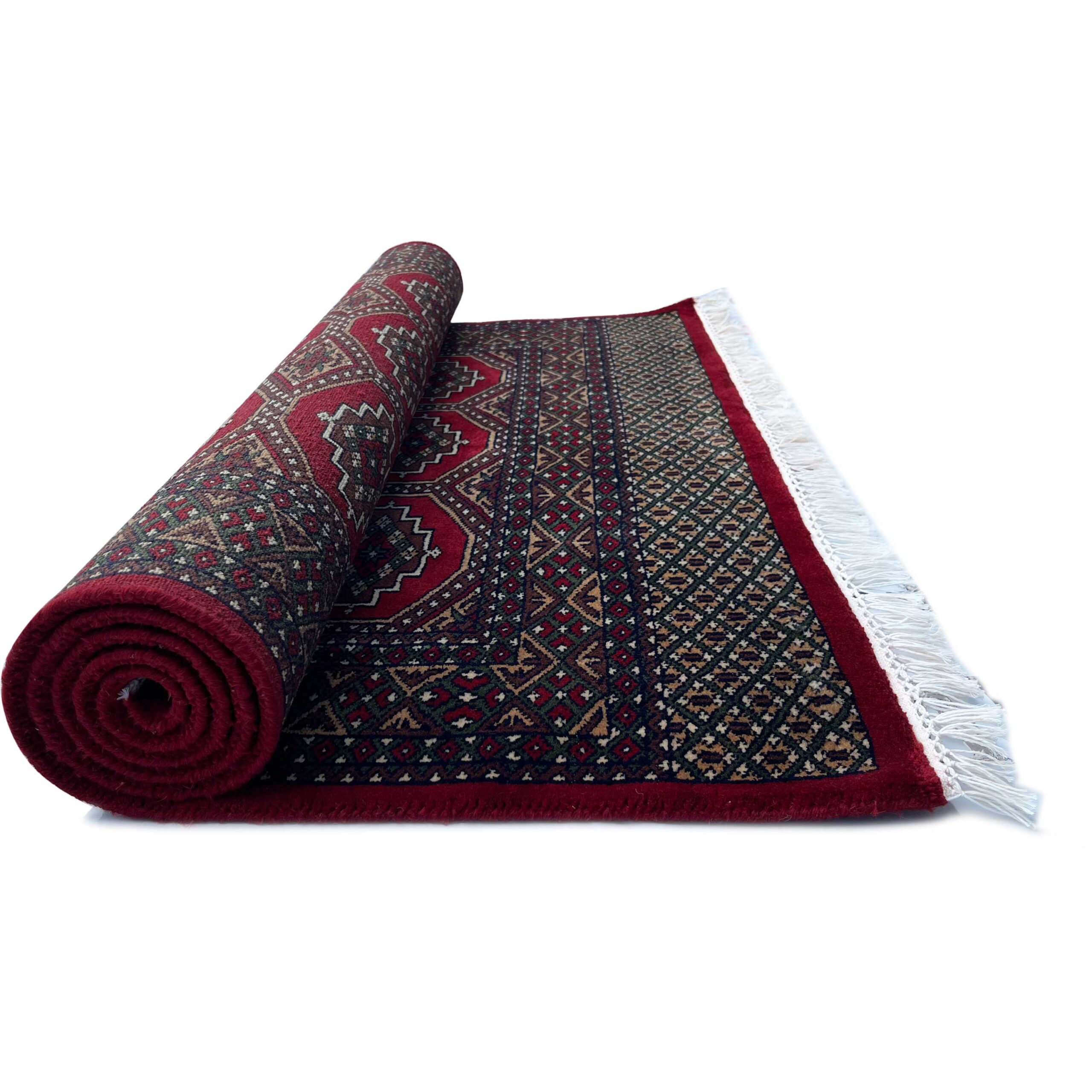 Hand Knotted Wool Area Rug, Red, Bokhara Gul Pattern, 4x6 ft, with Fringe - Image 3
