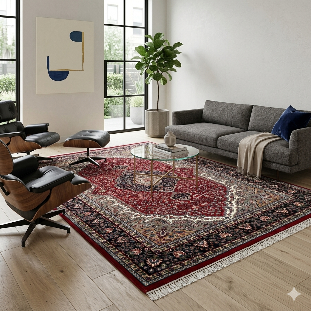 Traditional Indo Style Area Rug, Red, Hand Knotted Wool, 5x7 ft, Medallion Design - Image 2
