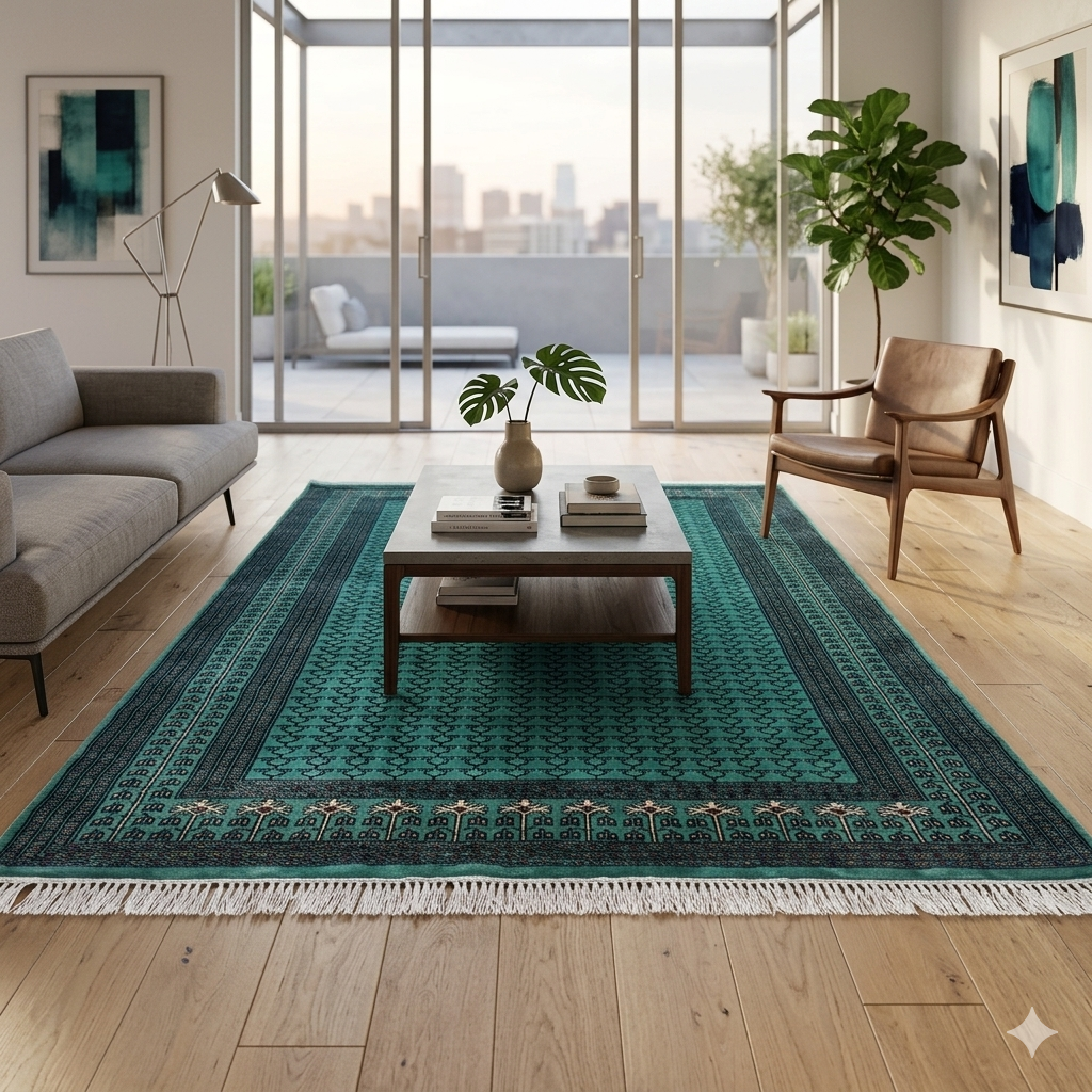Handmade Knotted Wool Area Rug, Teal Blue, Traditional Parda Style, 6x9 ft - Image 2