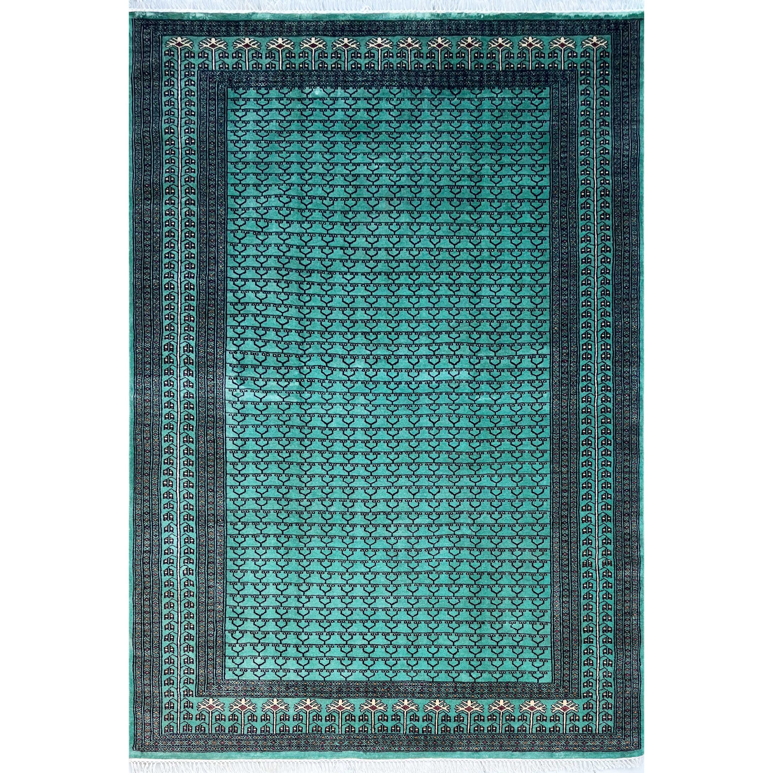 Handmade Knotted Wool Area Rug, Teal Blue, Traditional Parda Style, 6x9 ft