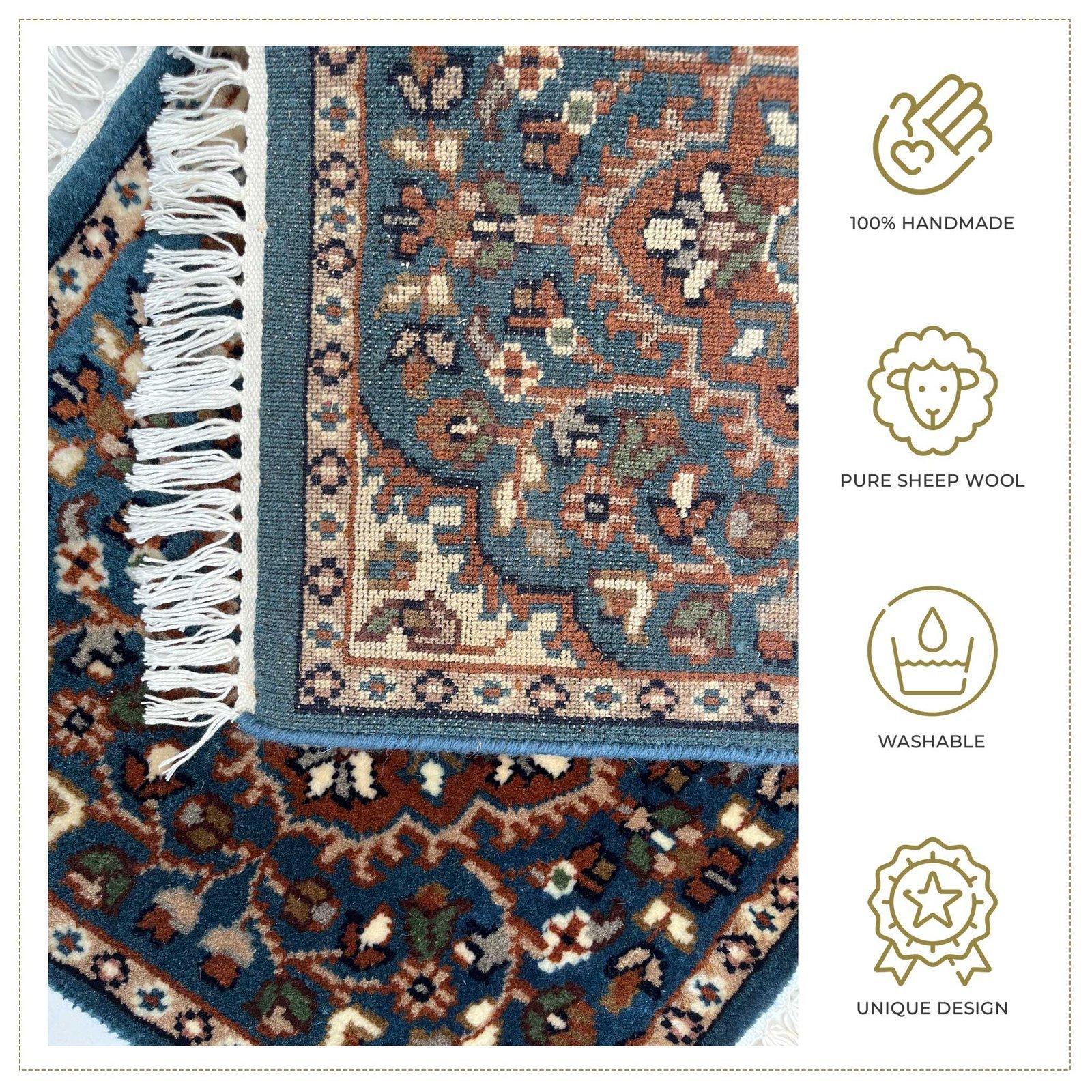 1.5x1.5 ft Hand Knotted Woolen Rug Persian Blue - Image 4
