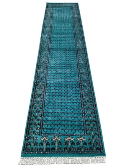2.5x10 Feet Hand Knotted Turquoise Wool Rug