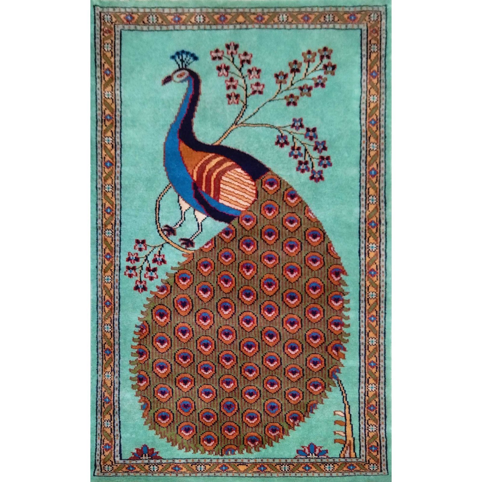 2.5x4 Ft Hand Knotted Peacock Wool Rug (Turquoise)
