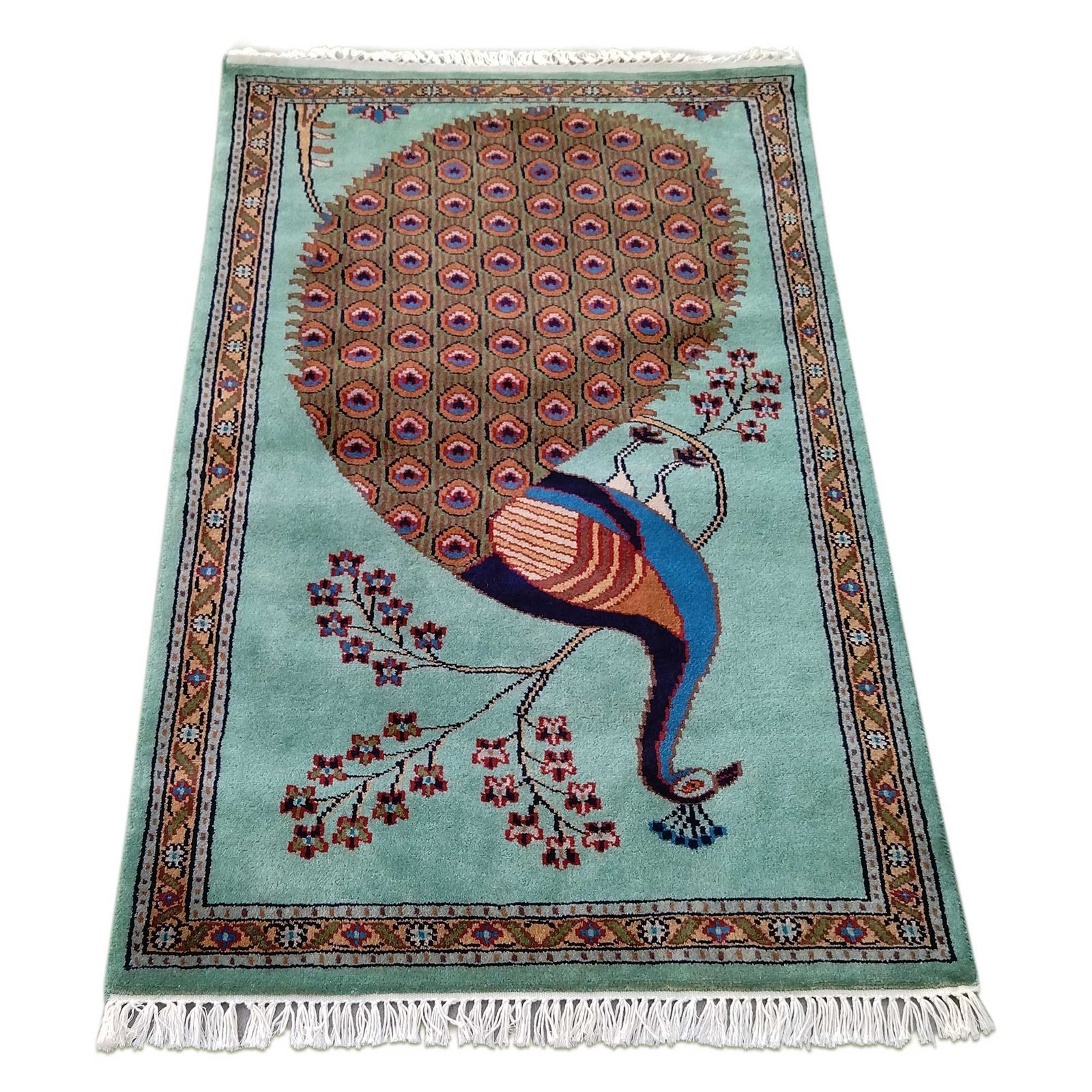 2.5x4 Ft Hand Knotted Peacock Wool Rug (Turquoise) - Image 2