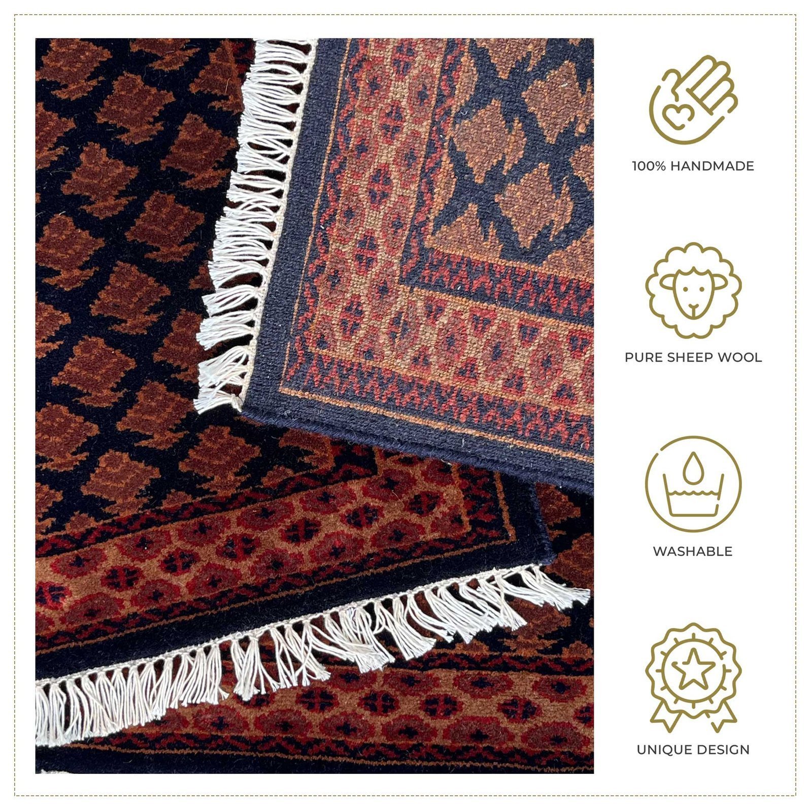 2x2 ft Pair Hand Knotted Woolen Rug Black Lichi - Image 3