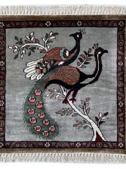 2x2 feet Handmade Rug Peacock and Peahen Gray Bamboo Silk