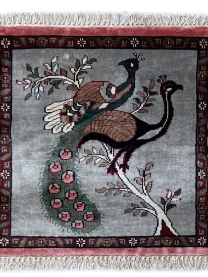 2x2 feet Handmade Rug Peacock and Peahen Gray Traditional