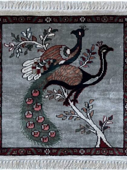 2x2 feet Handmade Rug Peacock and Peahen Gray Luxury