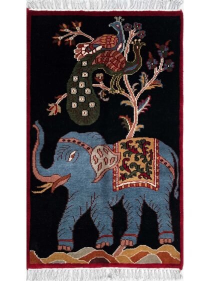 2x3 ft Hand-knotted Woolen Rug Elephant Peacock Black