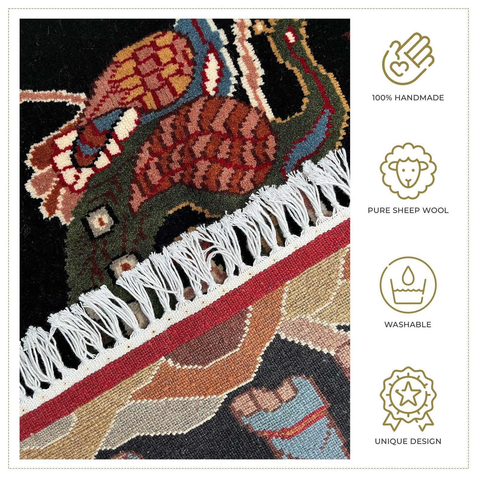 2x3 ft Hand-knotted Woolen Rug Elephant Peacock Black - Image 4