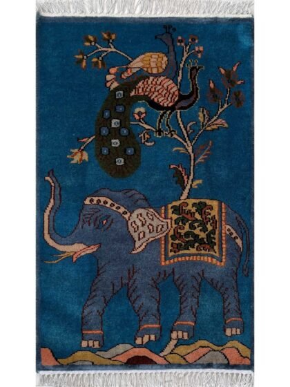 2x3 ft Hand-knotted Woolen Rug Elephant Peacock Blue