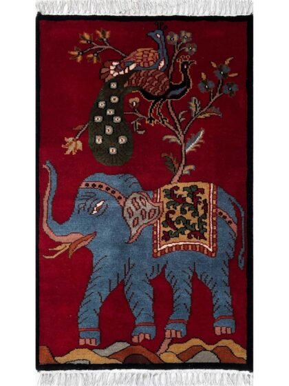 2x3 ft Hand-knotted Woolen Rug Elephant Peacock Red