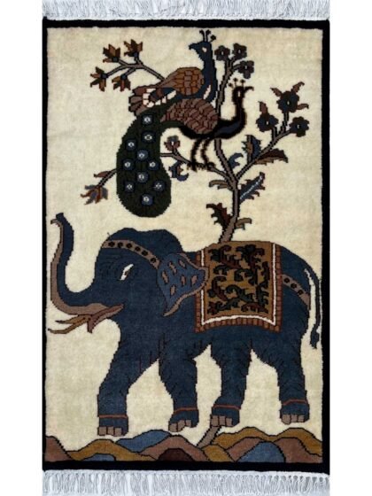 2x3 ft Hand-knotted Woolen Rug Elephant Peacock White