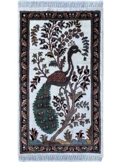 2x3 feet Handmade Rug Peacock White