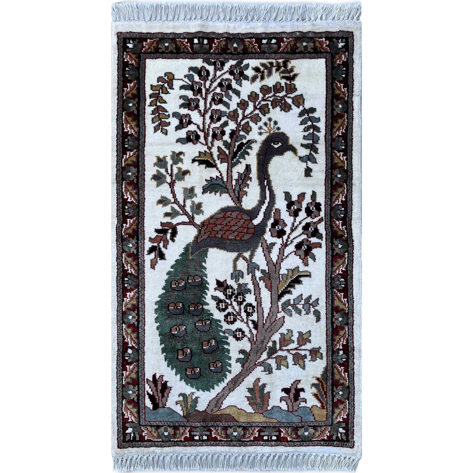 2x3 feet Handmade Rug Peacock White