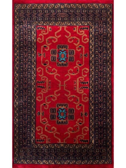 2x3 ft Handmade Knotted Wool Rug Red Palace