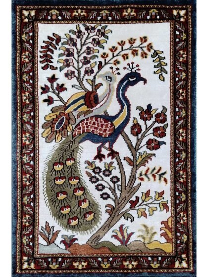 2x3 Ft Handmade Couple Peacock Bamboo Silk Rug White