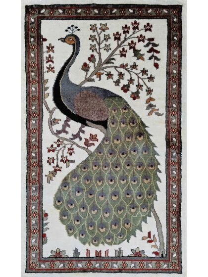 2x3 Feet Handmade Peacock Bamboo Silk Rug White