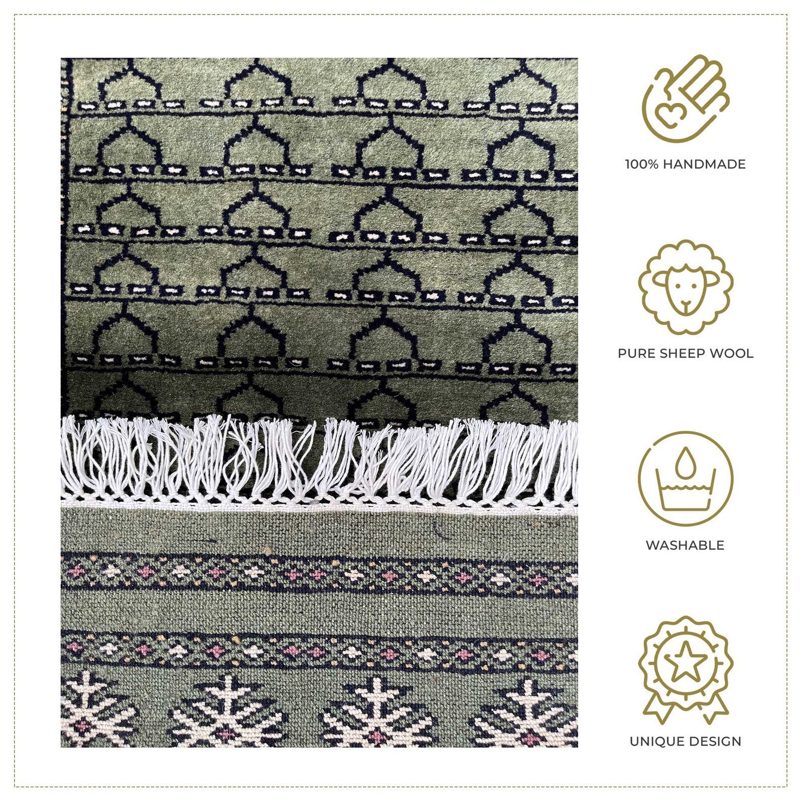 2x6 Feet Green Hand Knotted Wool Rug Parda - Image 2