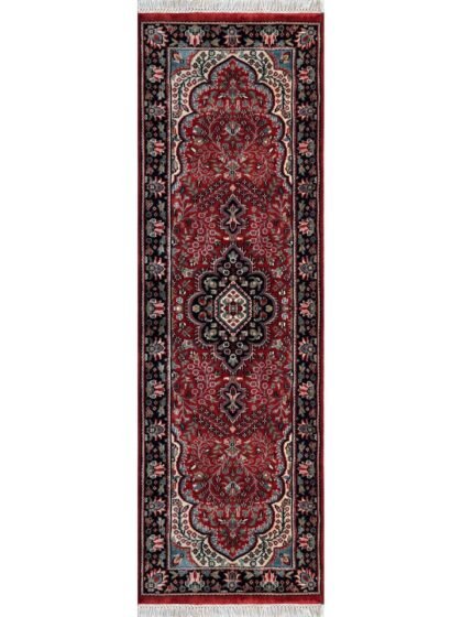 Hand-Knotted Wool Runner Rug, Red, Floral, 2x6 ft, Handmade with Fringe