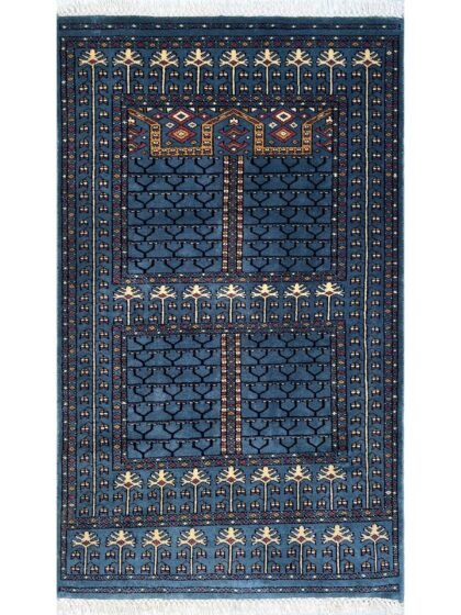 Hand Knotted Wool Area Rug, Bluish Gray, Parda Style, 3x5 ft, Traditional Geometric Pattern with Fringe
