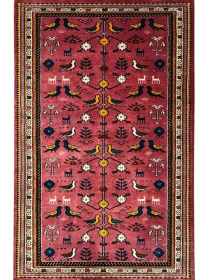 3x5 ft Hand Knotted Wool Rug – Pigeon Peach Pink Tribal Design | Bird & Floral Motif Handmade Rug