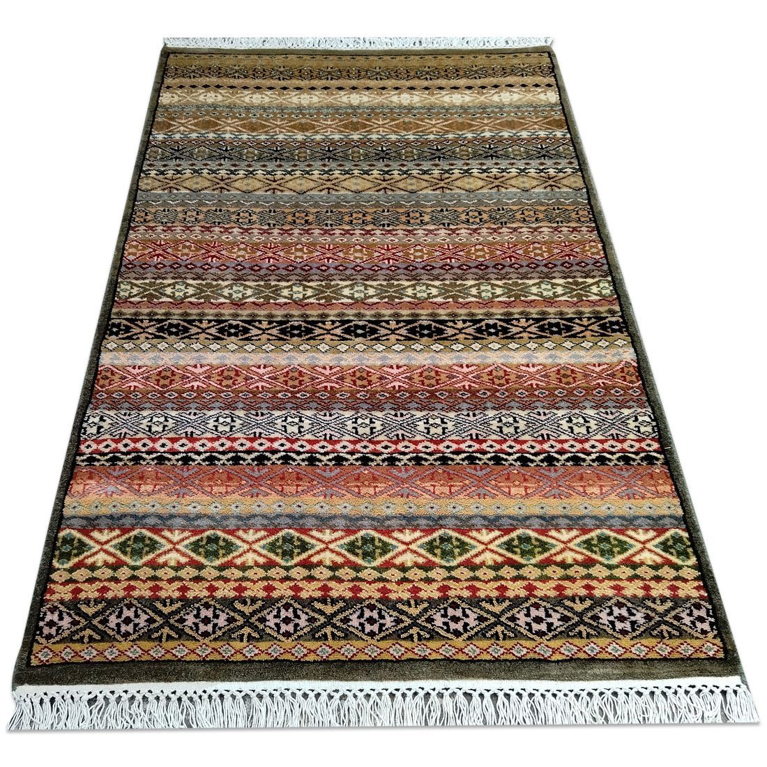 3×5 Feet Hand Knotted Zanjeera Wool Rug Olive & Multi - Image 2