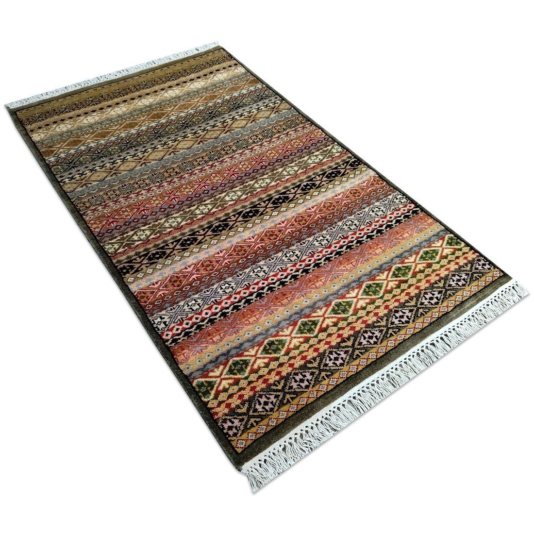 3×5 Feet Hand Knotted Zanjeera Wool Rug Olive & Multi - Image 3