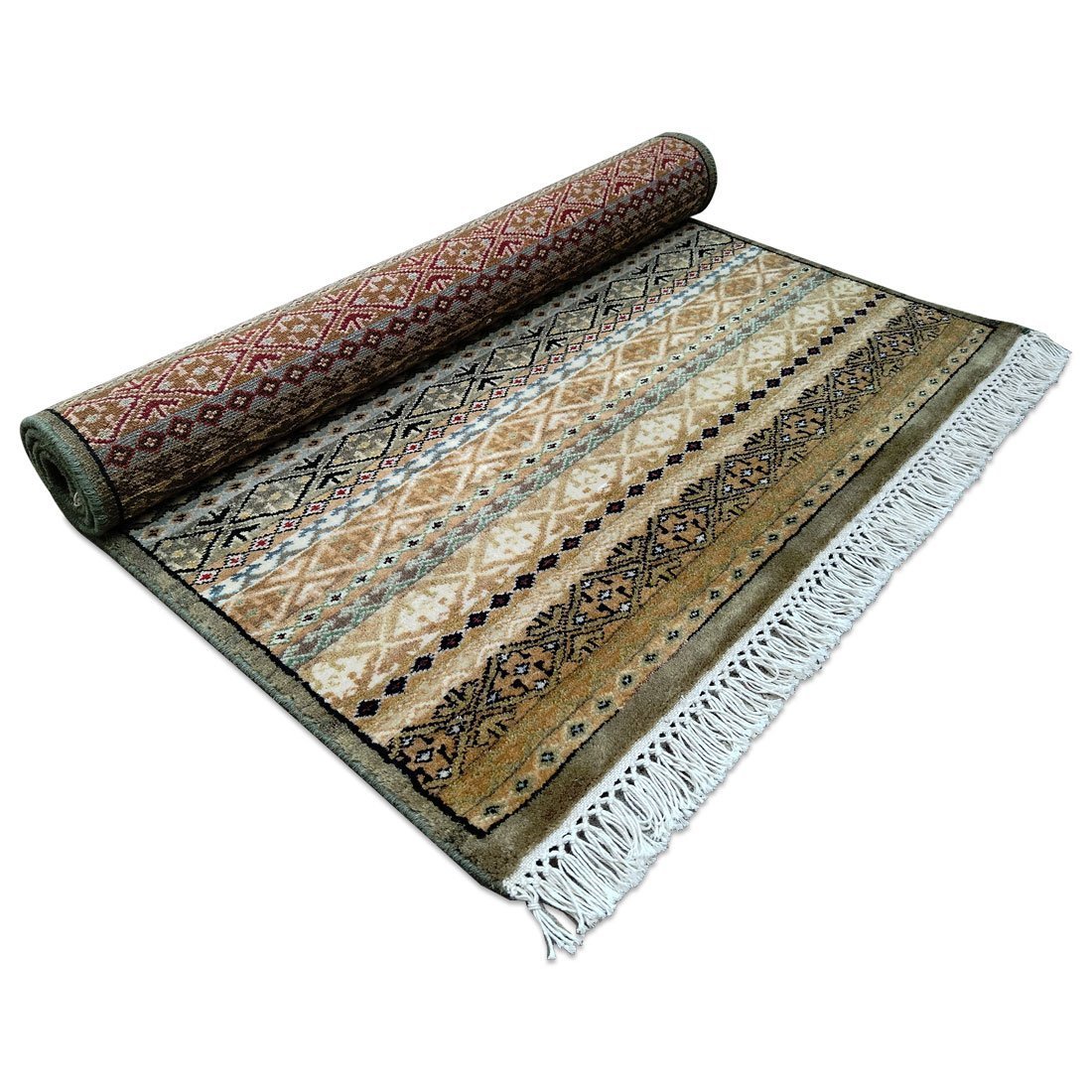 3×5 Feet Hand Knotted Zanjeera Wool Rug Olive & Multi - Image 6