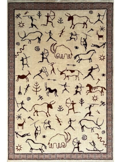4x6 ft Hand Knotted Wool Rug White Trib Hunt