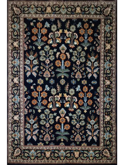 5×7 Feet Handmade Wool Rug Black Hand Knotted Floral Rug